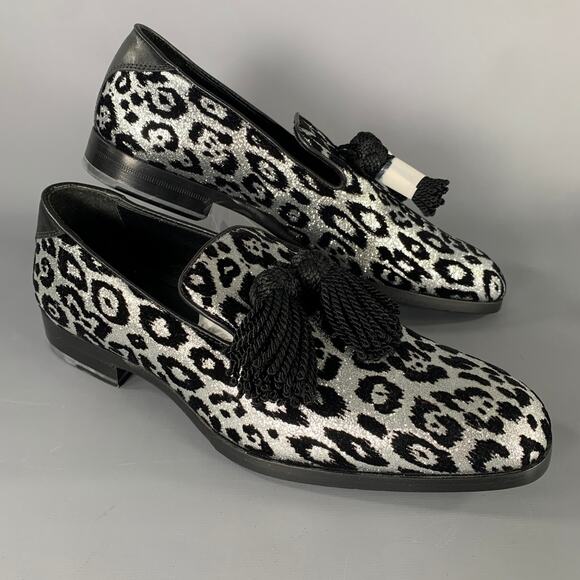 JIMMY CHOO Size 7 Silver Black Medusa Jacquard Tassels Loafers main image 10